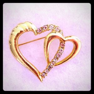 Vintage Golden Double Hearts With Rhinestones Brooch